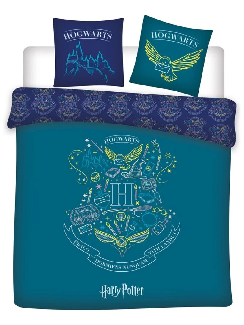 Parure de lit double réversible Harry Potter Blason "Hogwarts" Bleue et Vert 220 cm x 240 cm Bleu