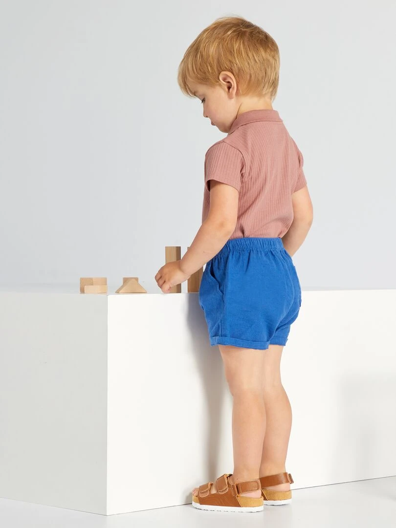 Short uni en coton et en lin   Bleu