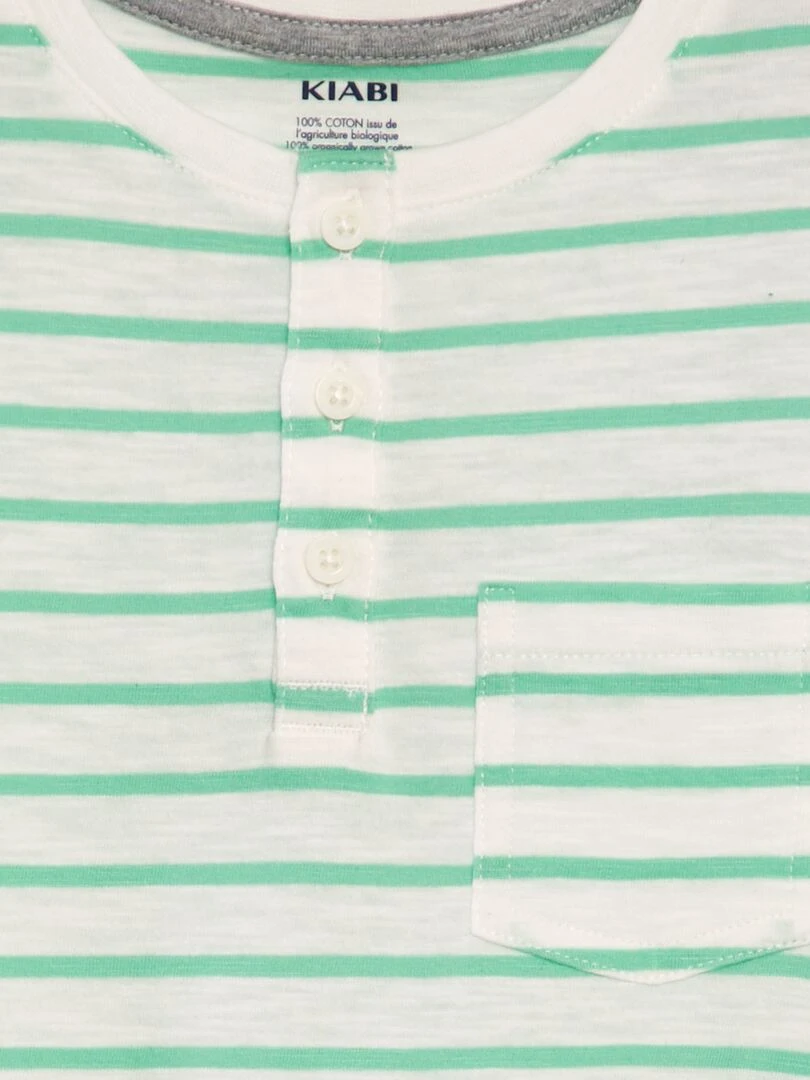 T shirt à col tunisien avec rayures   Vert/blanc