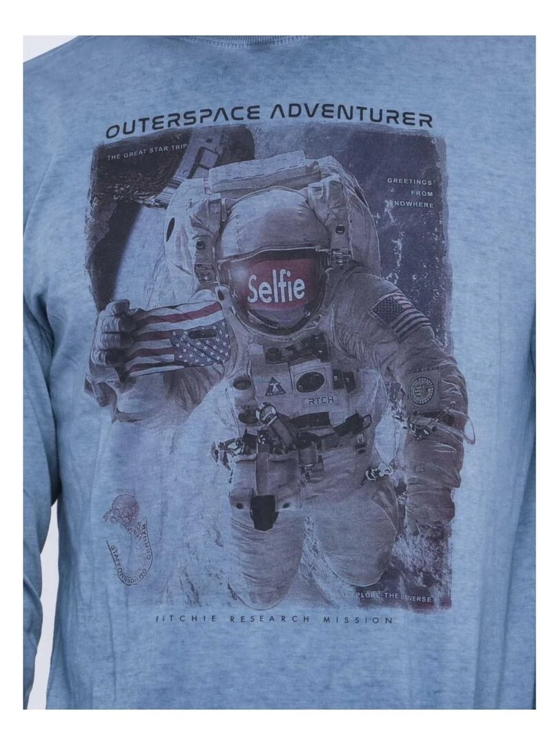 T shirt manches longues col rond pur coton JOSTON Bleu marine