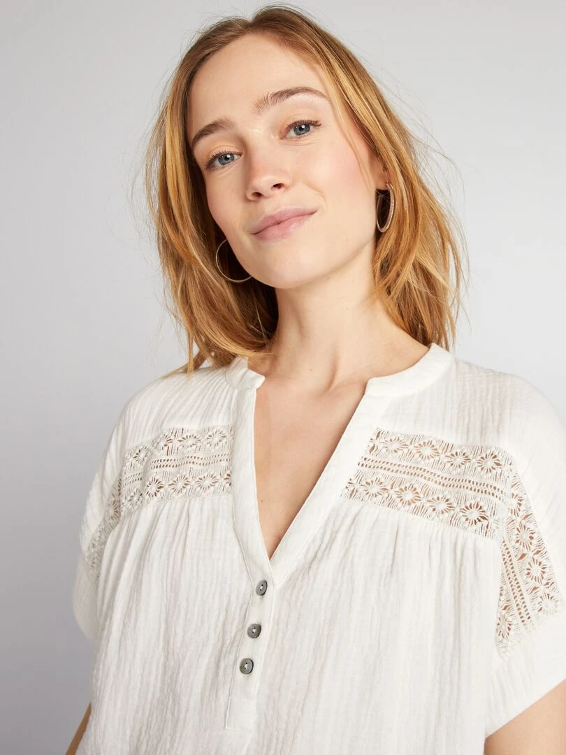 Blouse à manches courtes en gaze de coton   blanc
