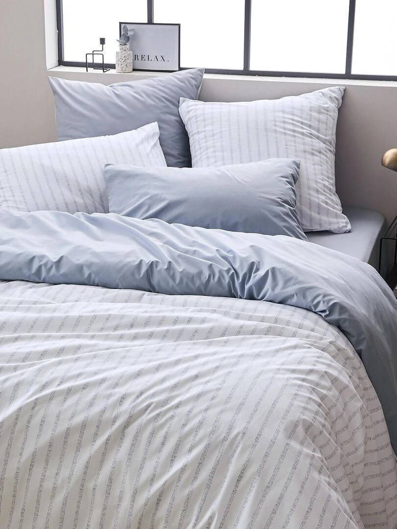 Parure de couette en percale de coton à rayures Bleu