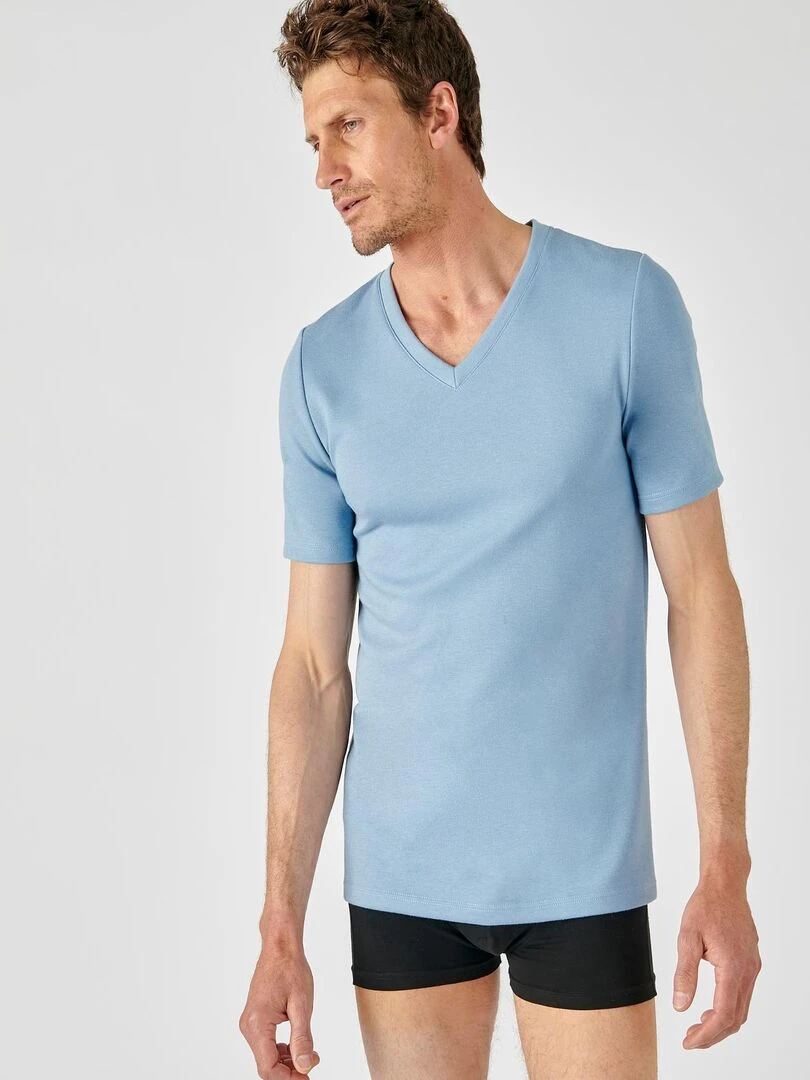 T shirt double face col V Thermolactyl Damart Bleu gris