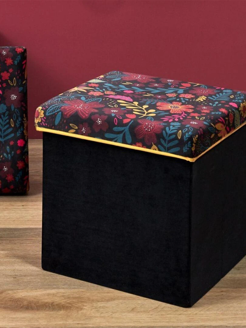 Pouf pliable coffre de rangement motifs à fleurs   Noir