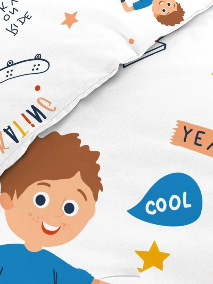 Housse de couette enfant 140x200 Skateboy + 1 taie microfibre   Blanc