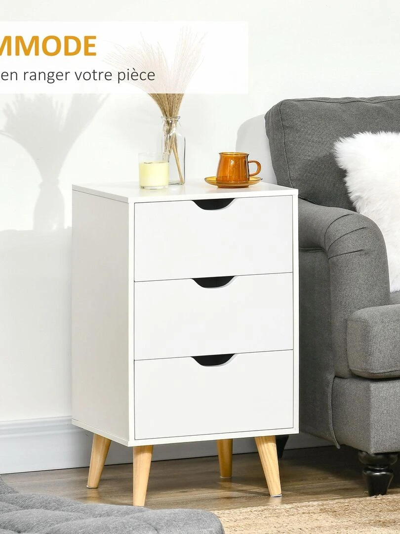 Chiffonnier 3 tiroirs design scandinave piètement bois pin panneaux blanc   Blanc