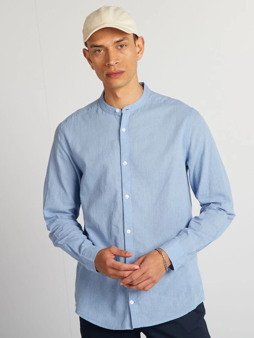 Chemise à col mao en lin mélangé   Bleu