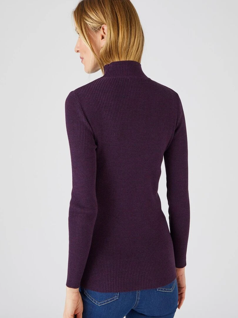 Pull col montant  50% laine mérinos  uni et rayé   Damart   Violet foncé
