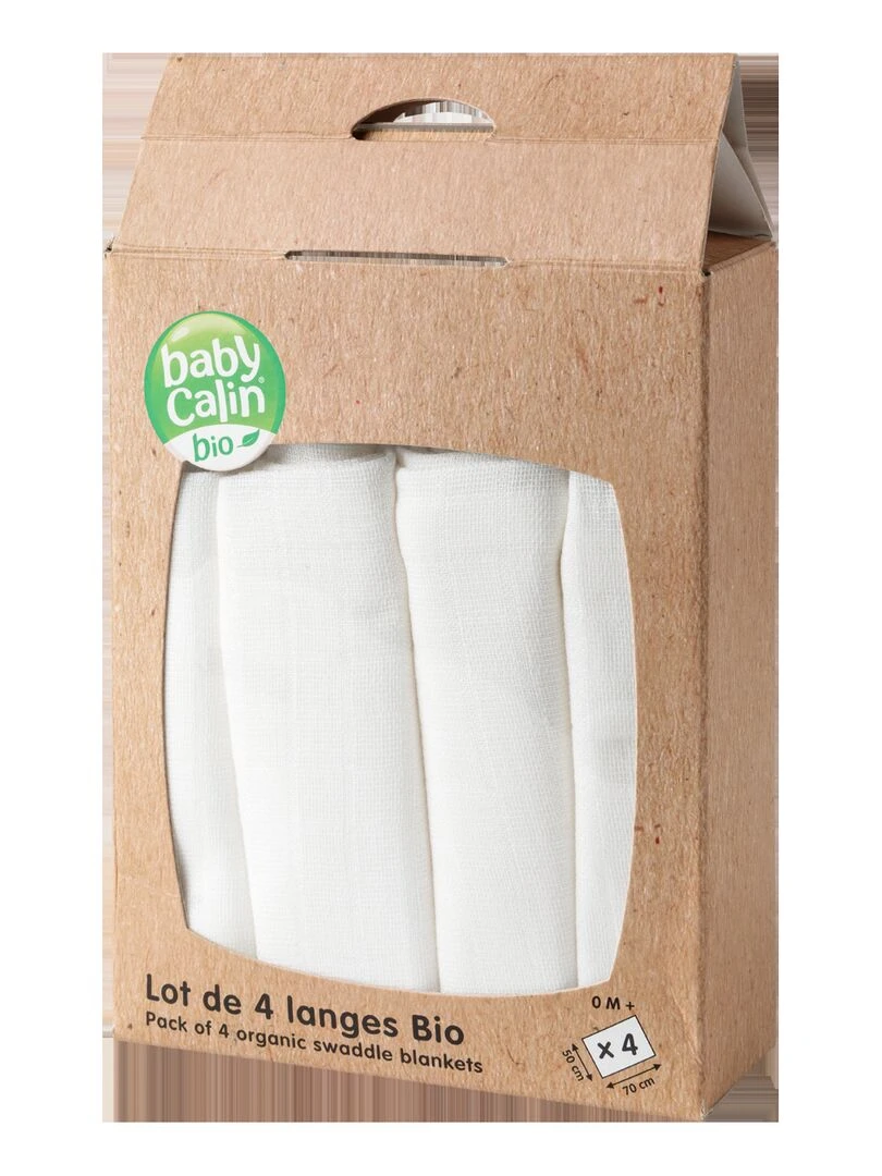 Lot de 4 langes Bio 50x70 cm Blanc   Blanc