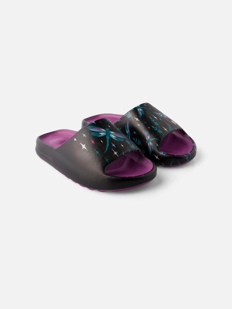 Claquettes Semelles Épaisses Dedoles Libellules dans la Nuit Noir Violet