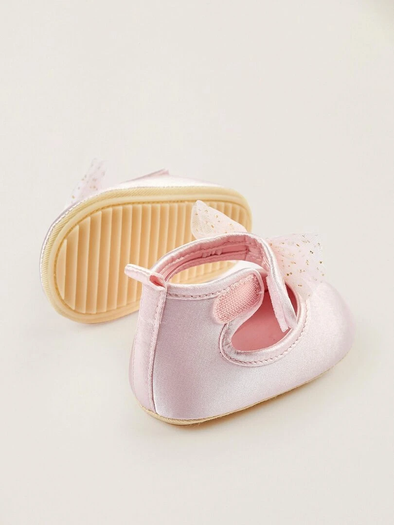 Chaussures en satin avec tulle et paillettes pour nouveau né  CÉRÉMONIE   Rose clair