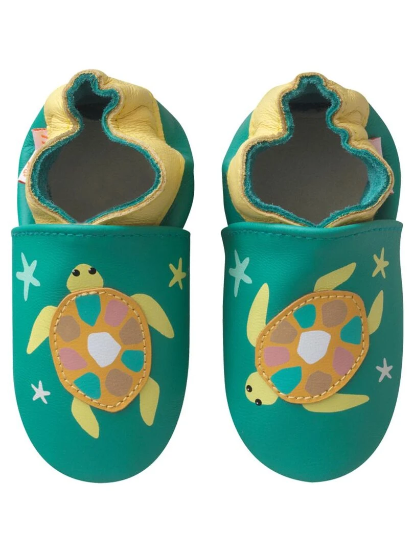 Chaussons bébé cuir souple Téa la tortue Vert