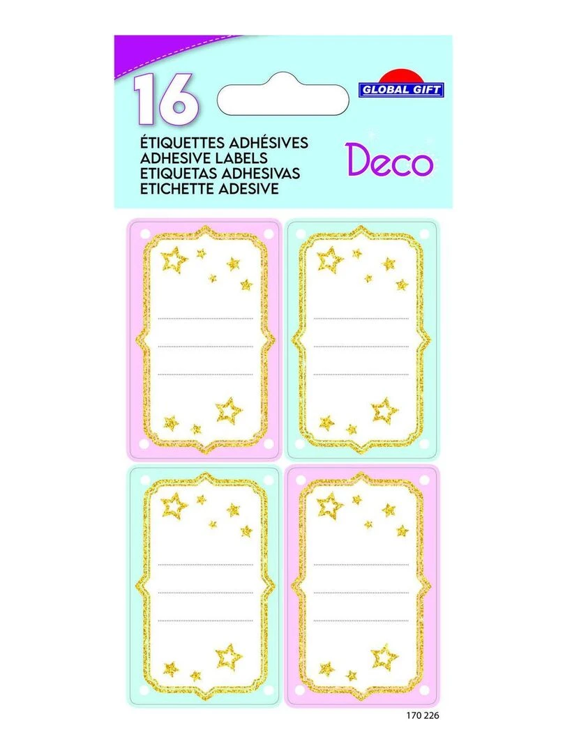 16 étiquettes adhésives scolaires Rectangle Rose et bleu Paillettes et étoiles N/A