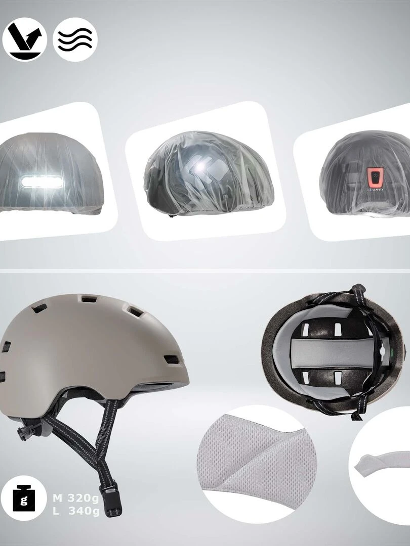 Casque Vélo Skater avec éclairage avant et arrière   Blanc Sable L(57 61cm)   Beige