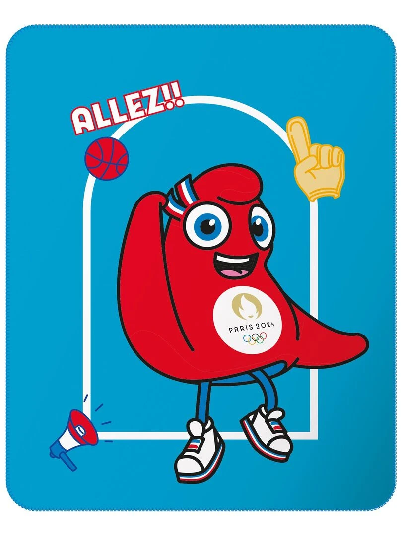 Plaid polaire imprimé PARIS 2024 MASCOTTE OLYMPIQUE ALLEZ Bleu