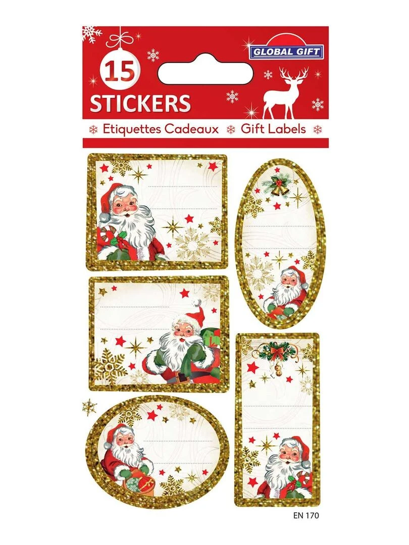 15 étiquettes adhésives de Noël Père Noël à paillettes dorées N/A