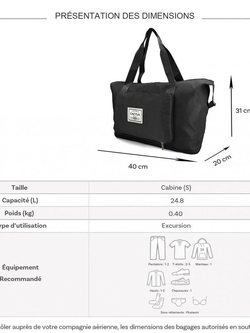 Sac de voyage week end 24L pliable et extensible déperlant C Noir