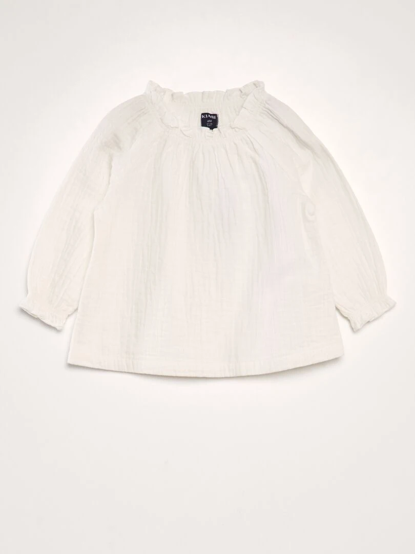 Blouse manches longues col volantée blanc