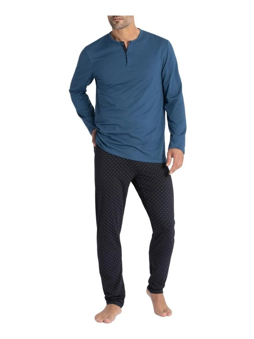 Pyjama long logoté en coton et modal Haori Bleu