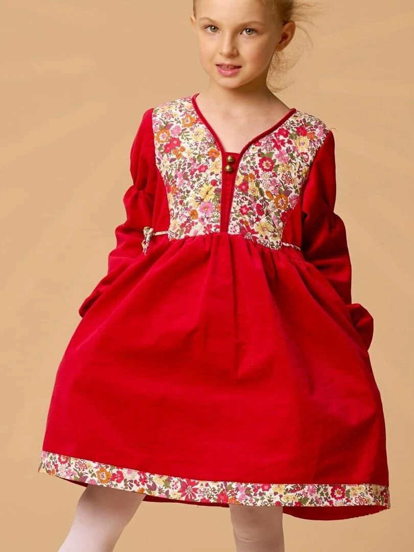 Robe de Noël Fille Velours Rouge Fleuri Liberty Rouge MARGOT 'LA FAUTE A VOLTAIRE' Rouge