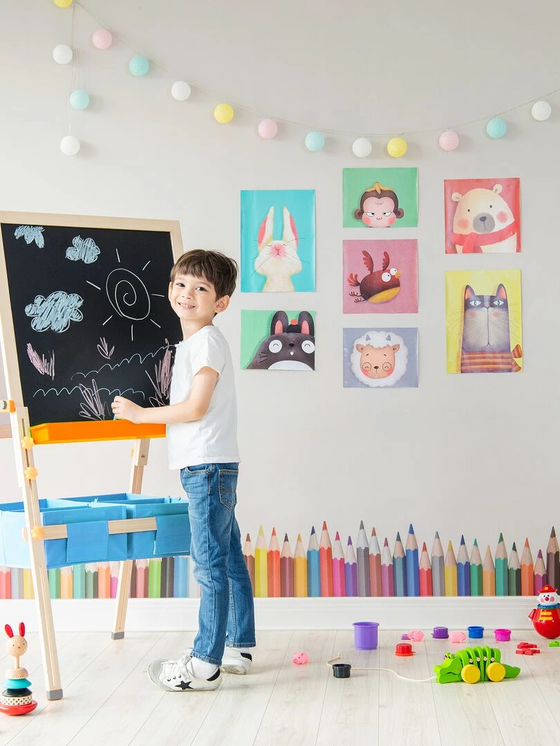 Tableau évolutif chevalet enfant en bois multifonction 3 en 1 avec rangement bleu Teamson Kids   Bleu