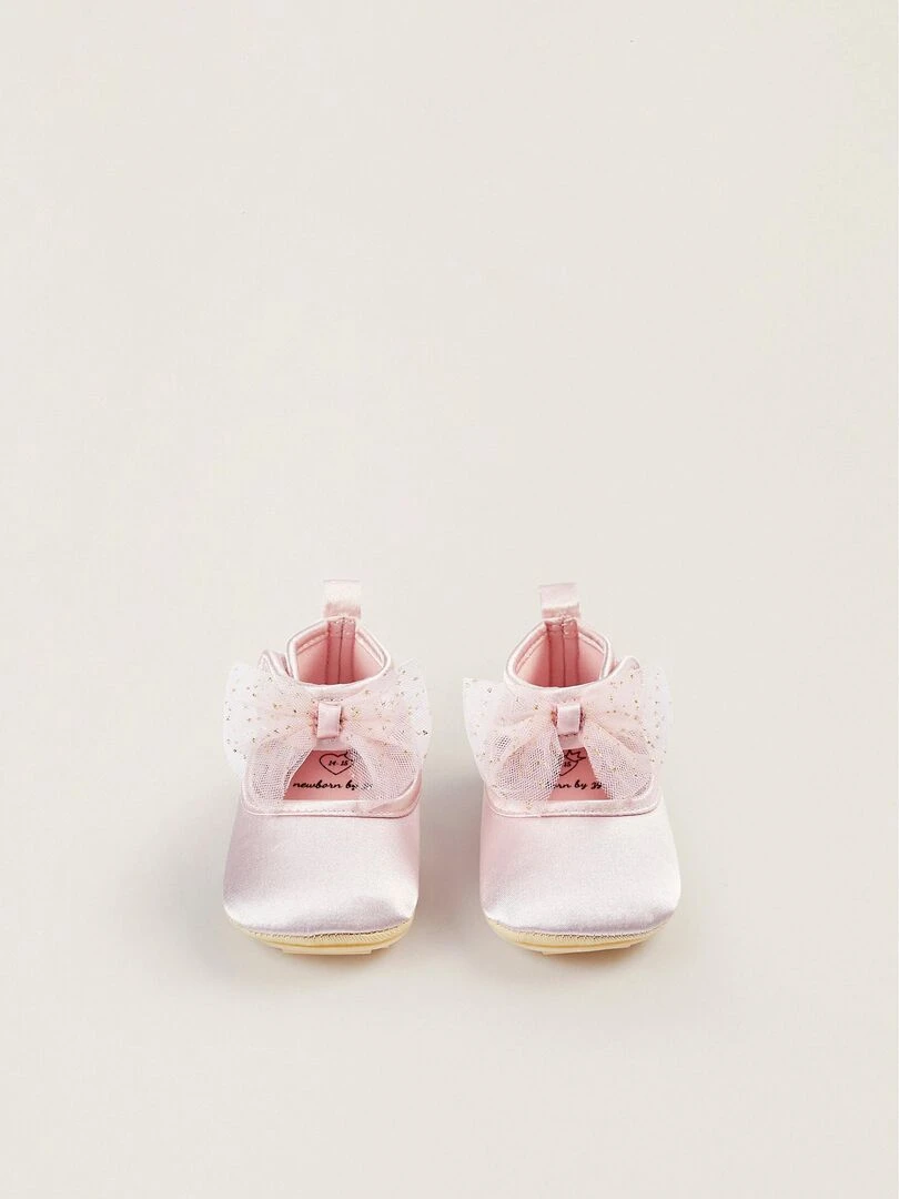 Chaussures en satin avec tulle et paillettes pour nouveau né CÉRÉMONIE Rose clair