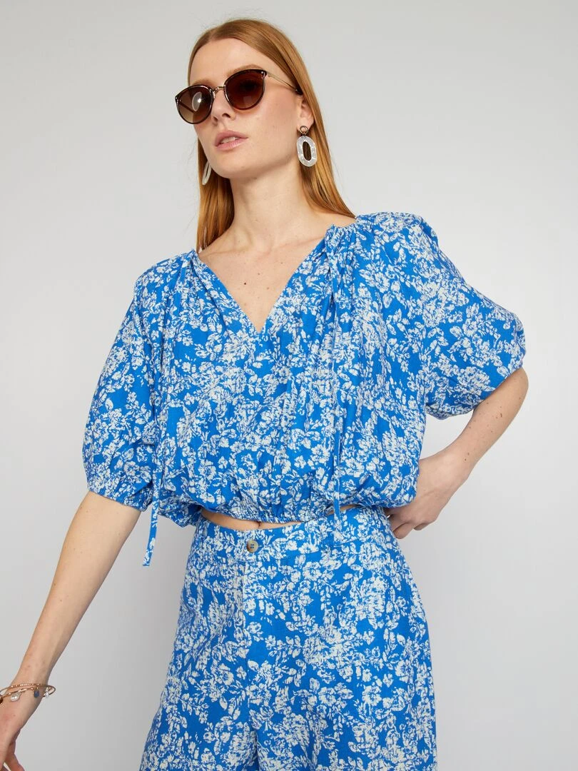 Blouse crop top à manches ballons Bleu