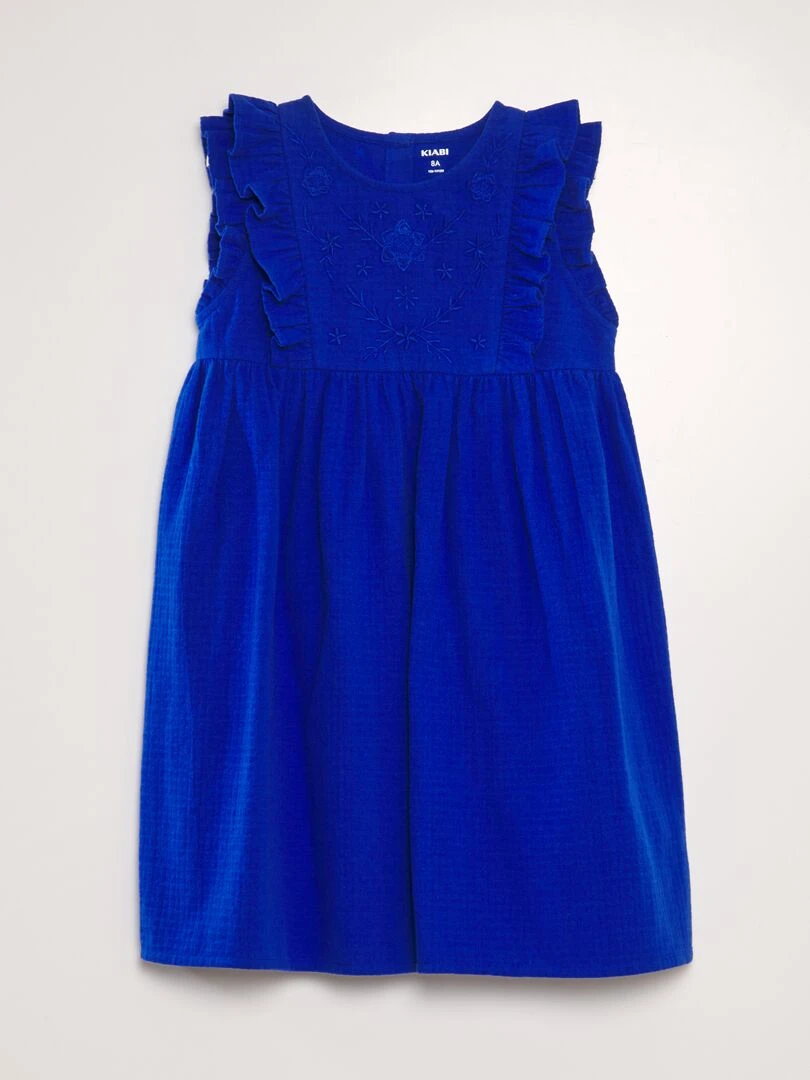 Robe en coton dobby volantée et brodée bleu
