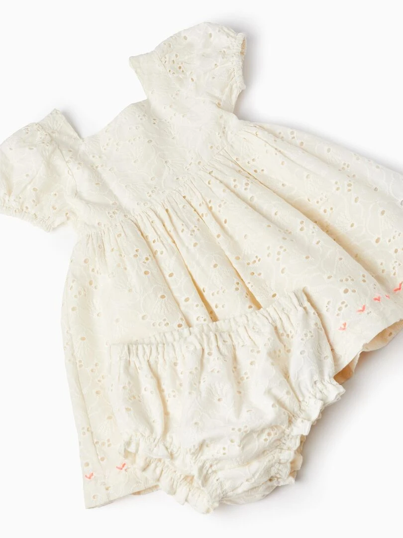 Robe + Bloomer Avec Broderie Anglaise Pour Bébé Fille manches courtes   Blanc