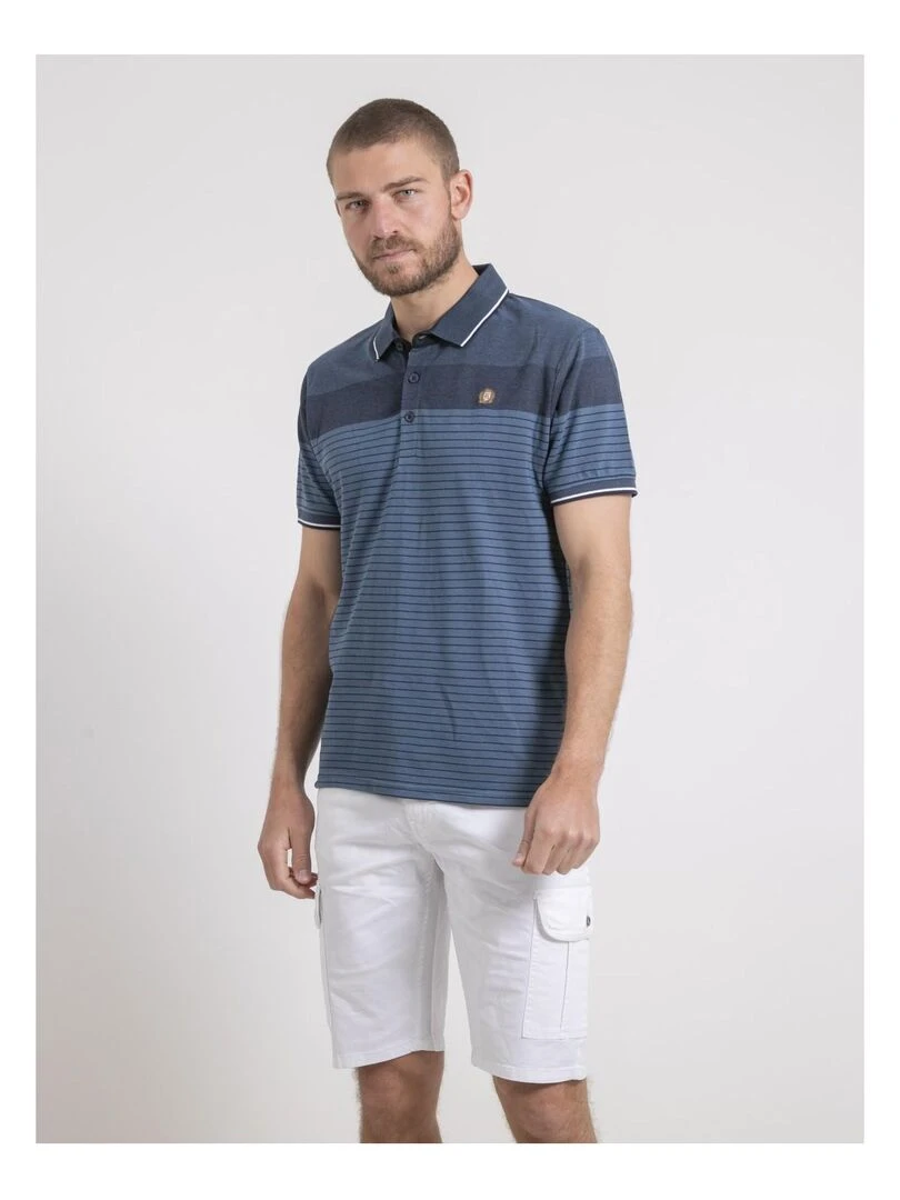 Polo manches courtes pur coton rayé PIWENING Bleu marine