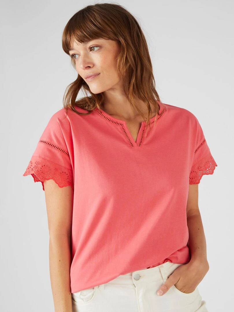 T shirt broderies anglaises pur coton Damart Orange corail