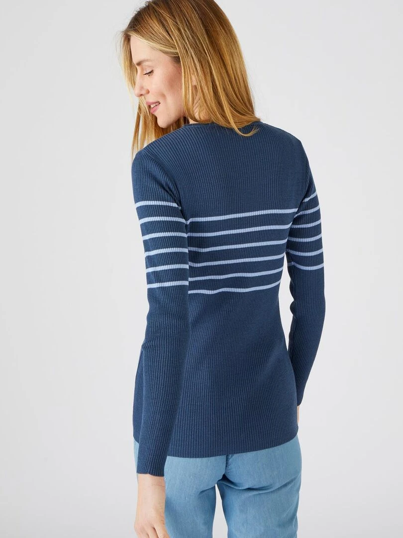 Pull col rond 50% laine mérinos  uni et rayé   Damart   Bleu