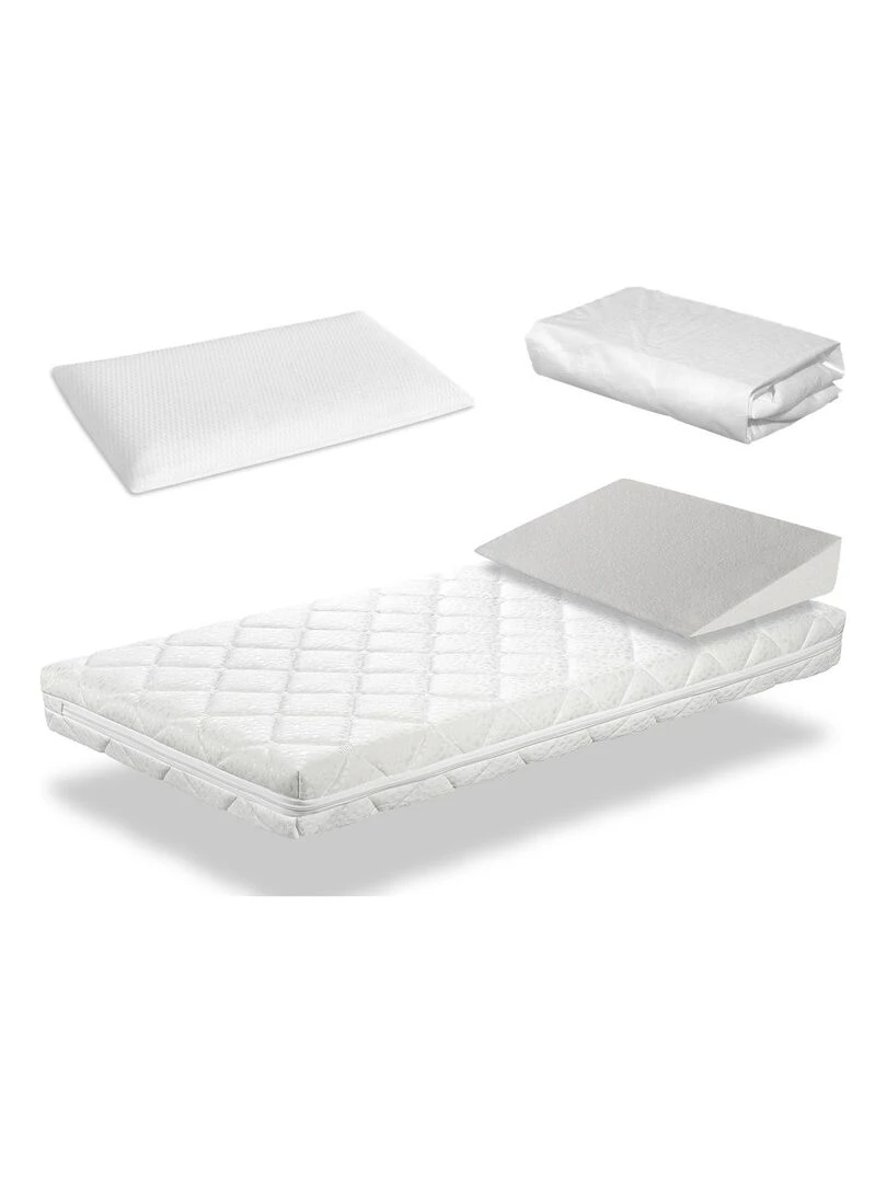 Pack matelas bebe BABY STAR H11cm + plan incliné 15º + oreiller + protège matelas Blanc