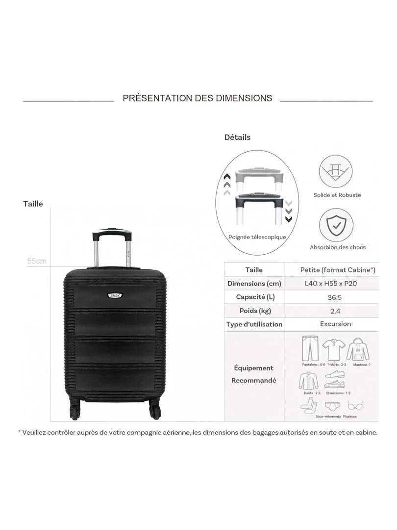 Valise cabine rigide 55cm ABS   Noir