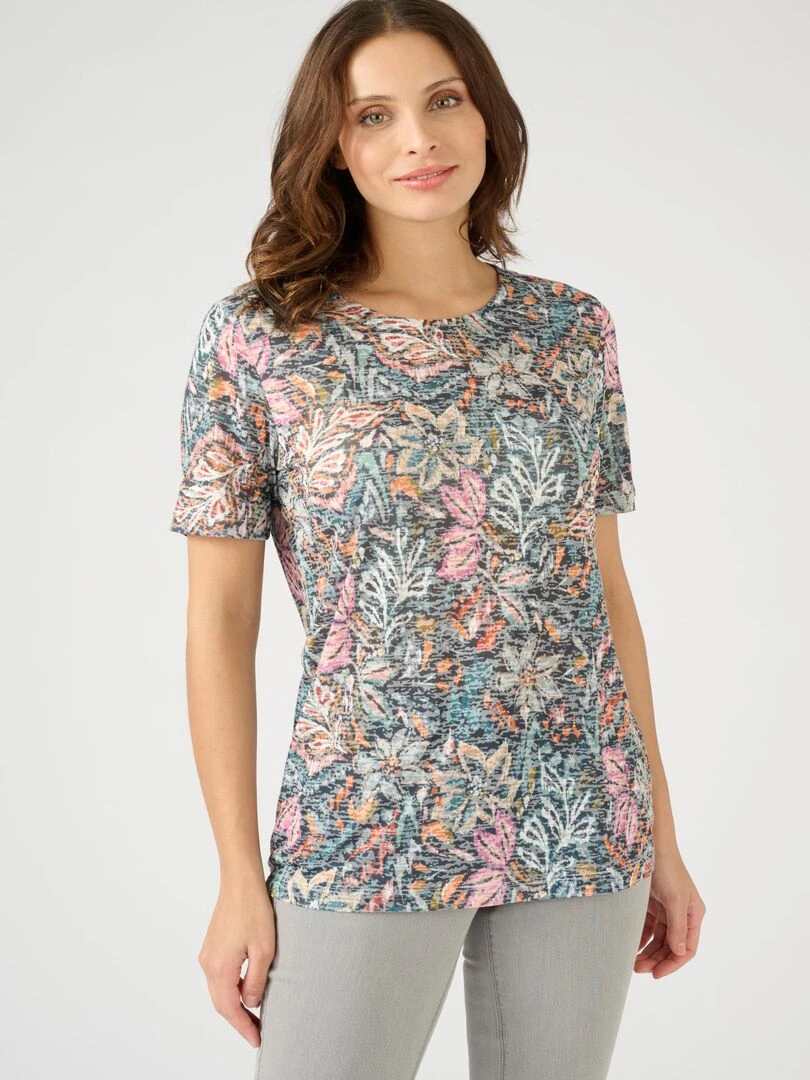 Tee shirt manches courtes maille dévorée imprimée Damart Bleu marine