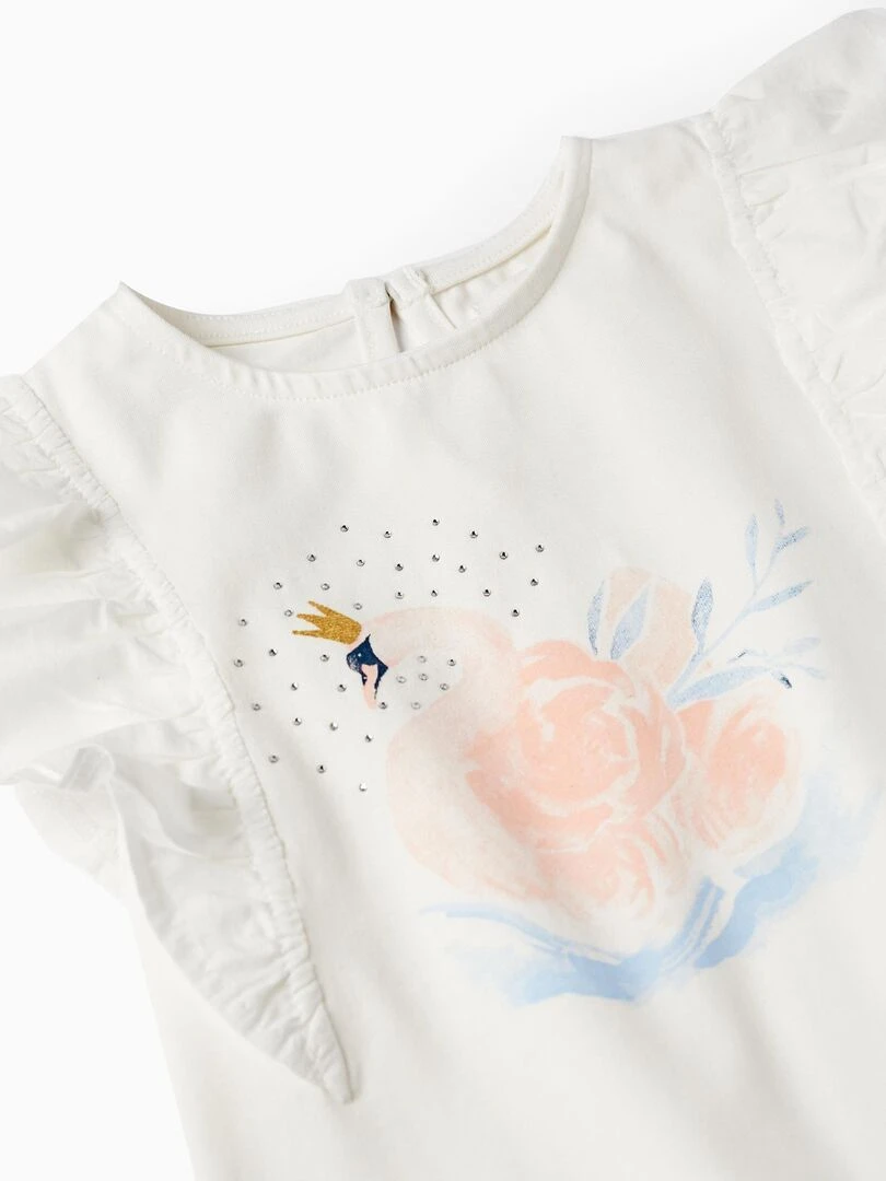 T shirt avec des brillants et des paillettes 'Cygne' manches courtes LETS PARTY   Blanc