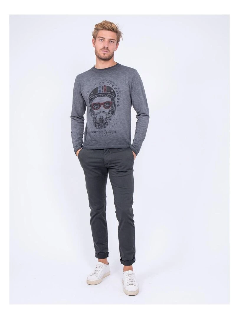 T shirt manches longues col rond pur coton JUMAPAL   Gris