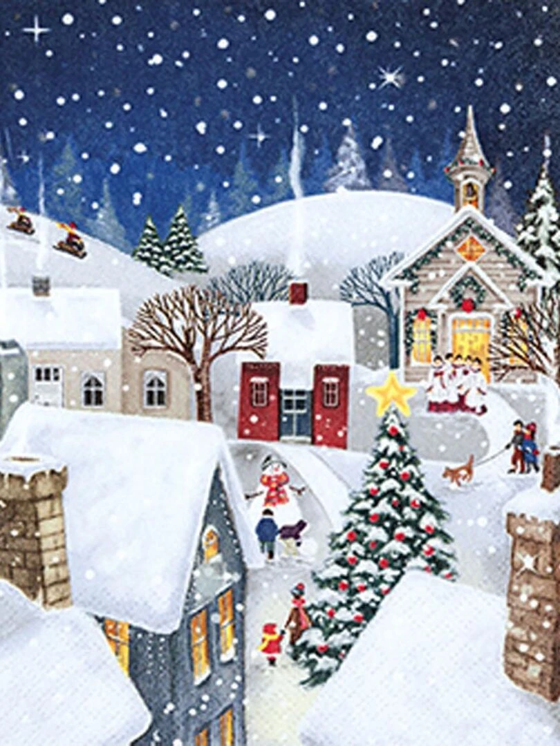 Lot de 20 serviettes papier village enneigé de noel Bleu