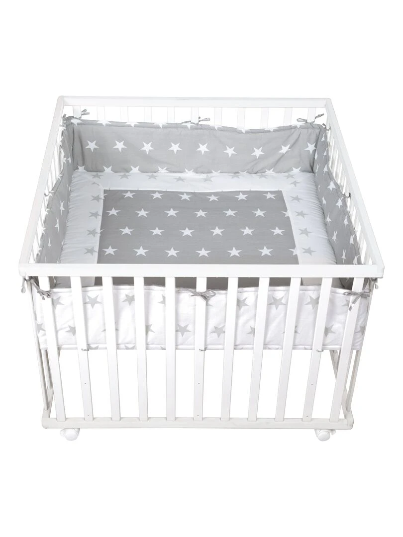 ROBA Parc Bébé en Bois 100x100 "Little Stars" + Tapis de Parc Bébé et Roues à Freins Blanc Blanc