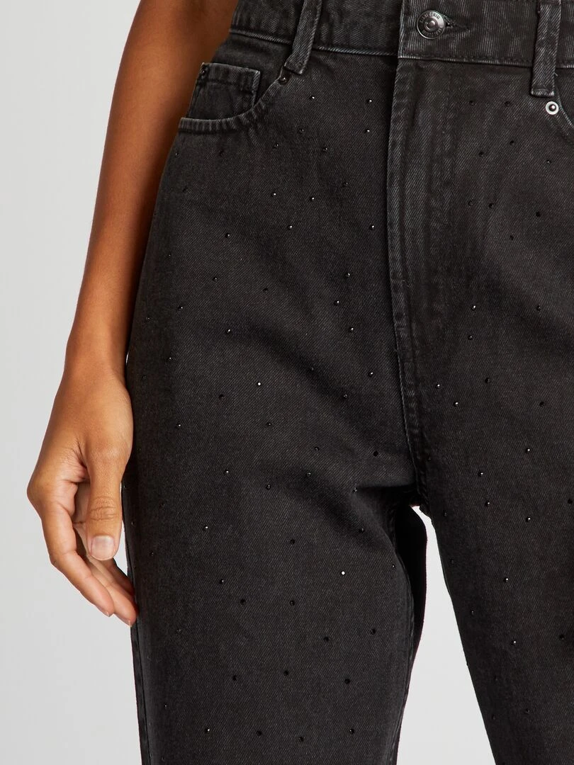 Jean droit à taille haute avec strass Noir