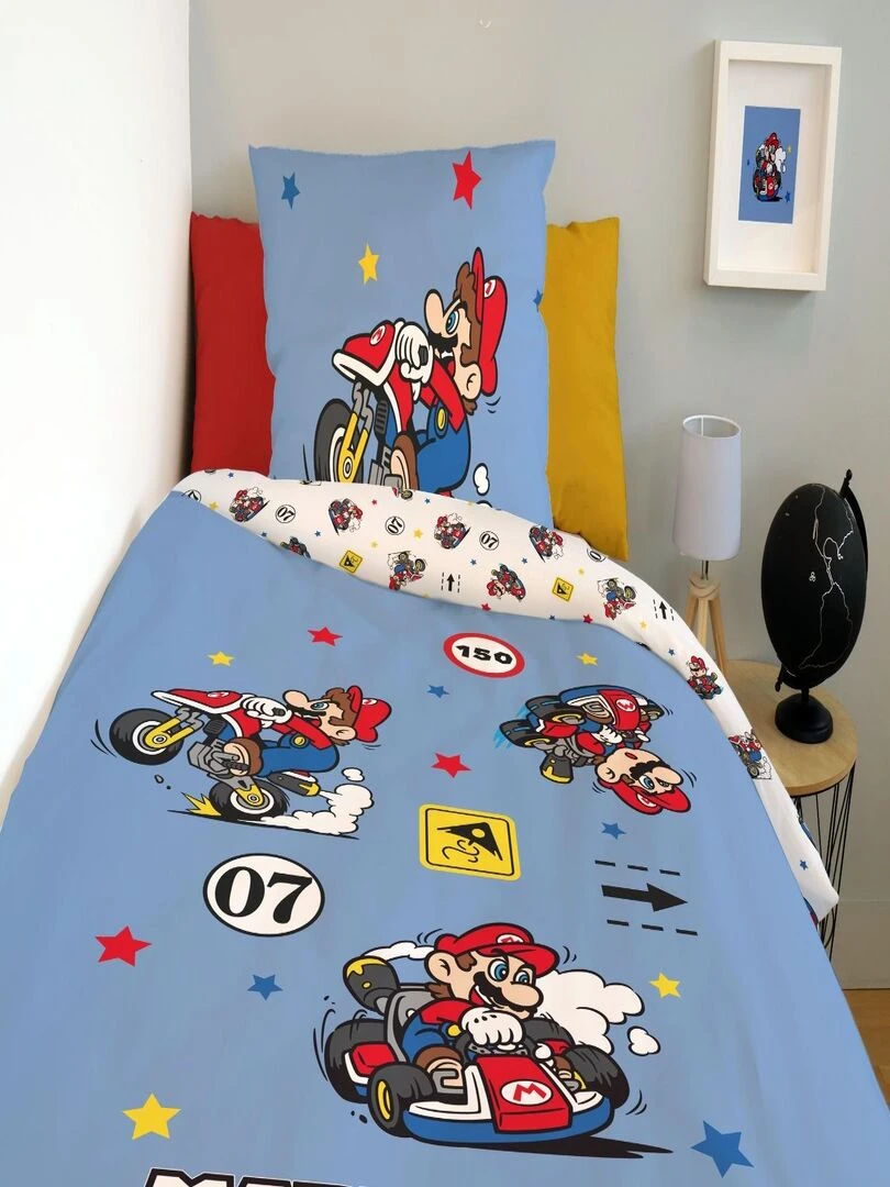 Housse de couette Mariokart 140x200 cm et taie d'oreiller   100% Coton   Bleu