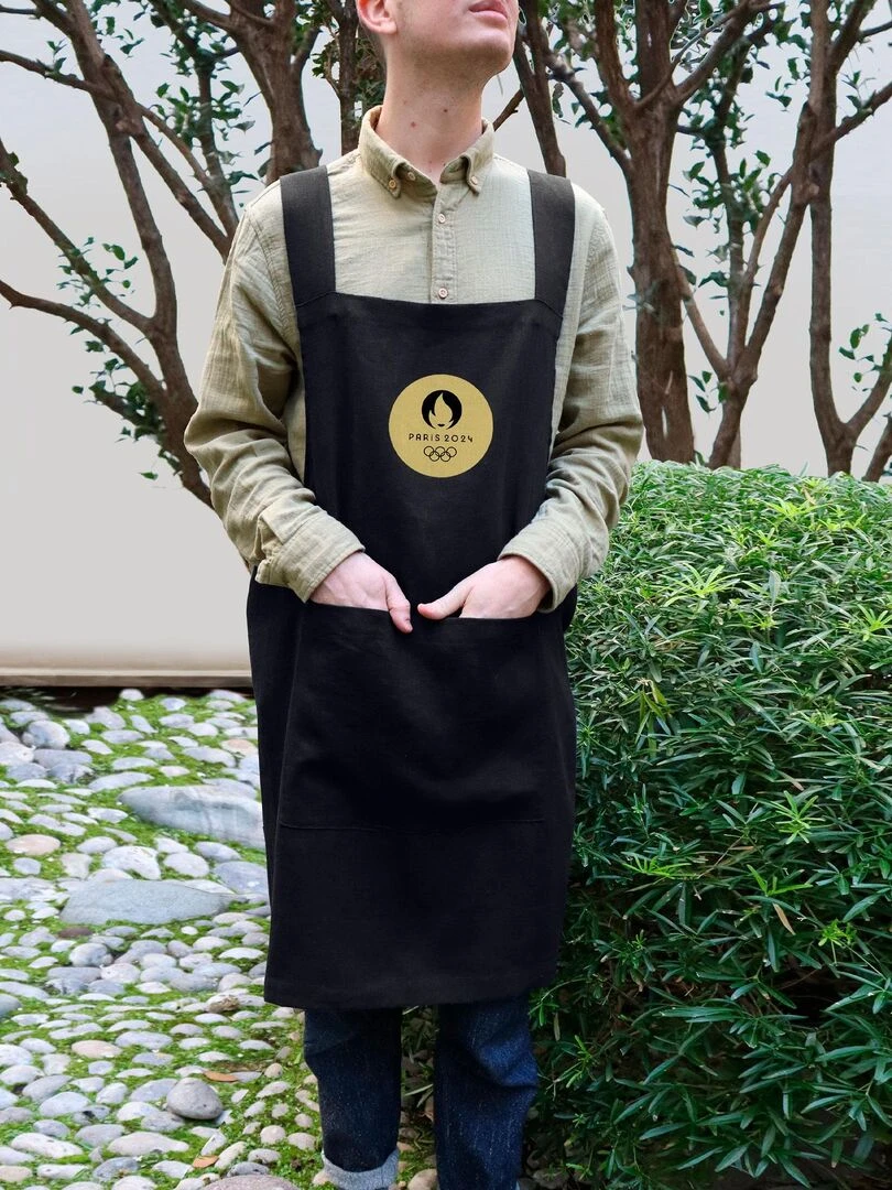 Tablier de cuisine japonais 100% coton  PARIS 2024 JEUX OLYMPIQUES OR   Noir