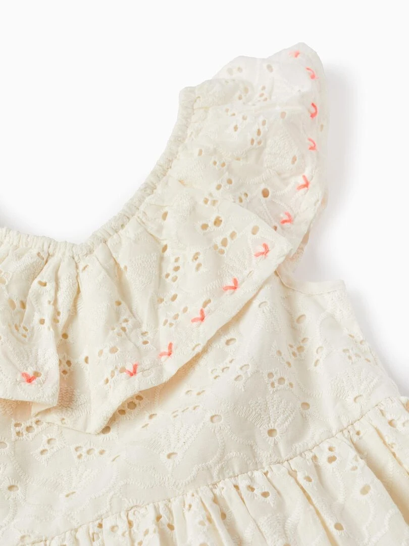 Robe En Coton Avec Broderie Anglaise Pour Fille manches courtes   Blanc