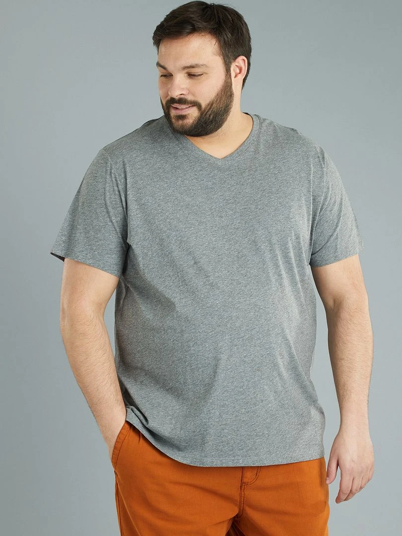 T shirt en jersey à col V   gris chiné
