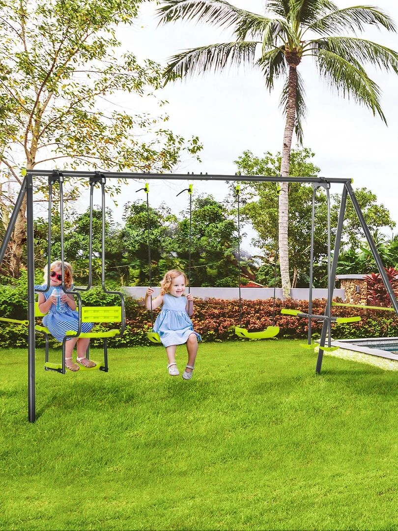 Balançoire 4 agrès portique avec 2 balançoires et 2 face à face   Vert