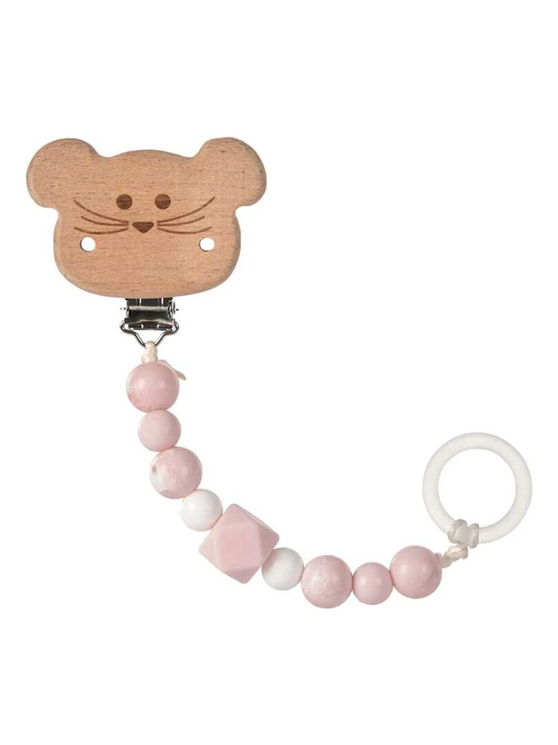 Attache tétine en bois et perles en silicone Souris Blanc Rose