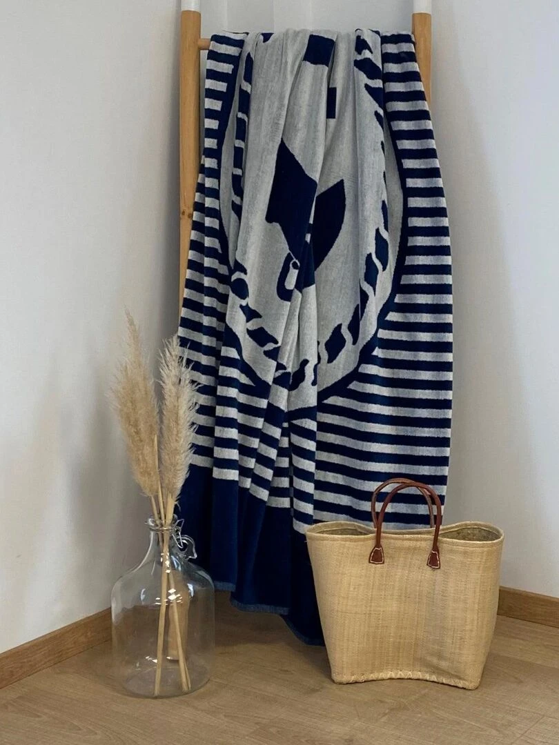 Serviette de plage éponge velours Jacquard Baltimore 140x180 400g/m² Bleu marine