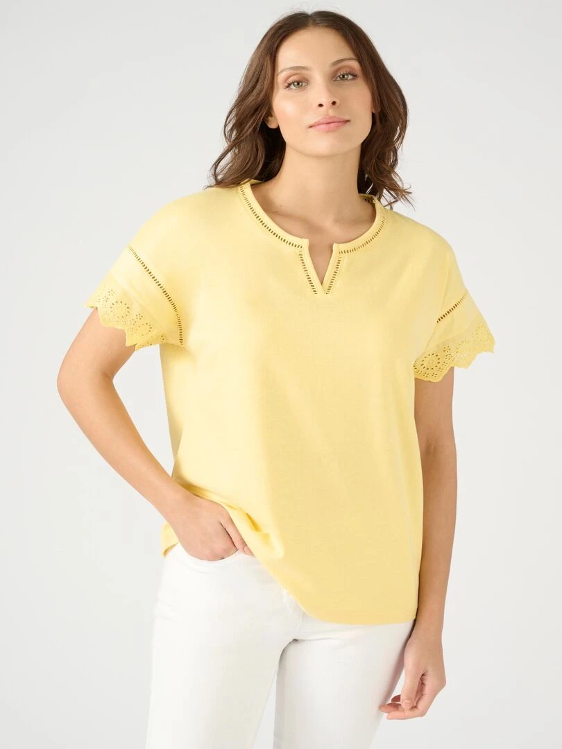 T shirt broderies anglaises pur coton Damart Jaune