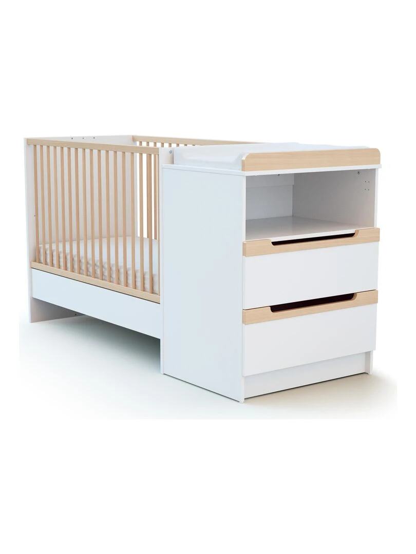 AT4 Combiné lit bébé évolutif Carrousel en bois Blanc et Hêtre 60 x 120 cm Marron clair