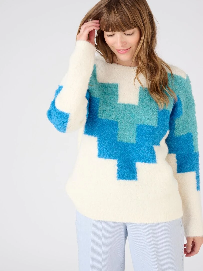 Pull graphique maille bouclette Damart Bleu